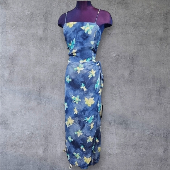 NWT Vintage Hugo Buscati Floral Blue Faux‎ Wrap Maxi Dress Size 12 Women's - Picture 1 of 15
